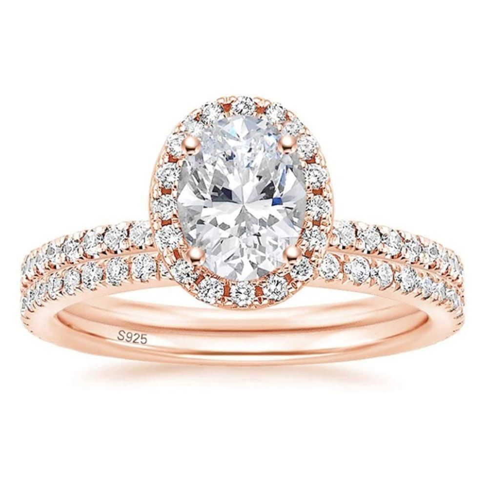 18K Rose Gold .925 Sterling Silver and Diamond Cubic Zirconia Wedding Band Set